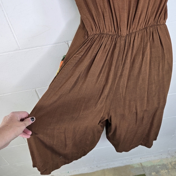 Vtg 60s Brown Embroidered Floral Pockets Shorts Romper Jumpsuit - Picture 4 of 11